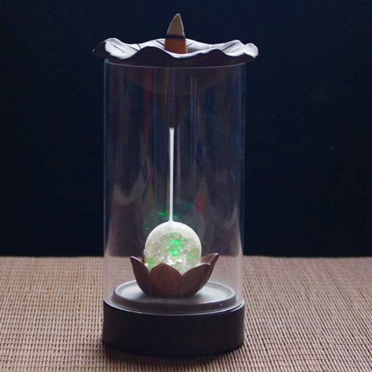 Lotus Crystal Ball Glass Backflow Incense Burner With LED