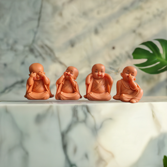 Set of 4 Pink Little Monk Statues for Good Luck