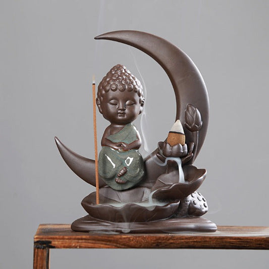 Little Buddha With Moon Backflow Incense Burner And Lotus Leaves