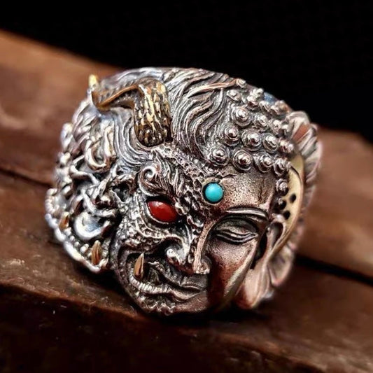 Buddha & Mara Silver Ring
